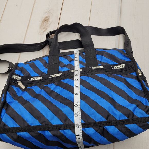 Lesportsac large black and blue striped duffle bag traveler overnighter - Picture 3 of 9